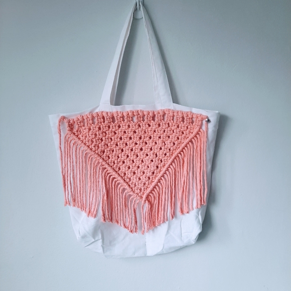 Handmade Macrame reusable cotton tote bag, white, peach 🍑 - Picture 2 of 2